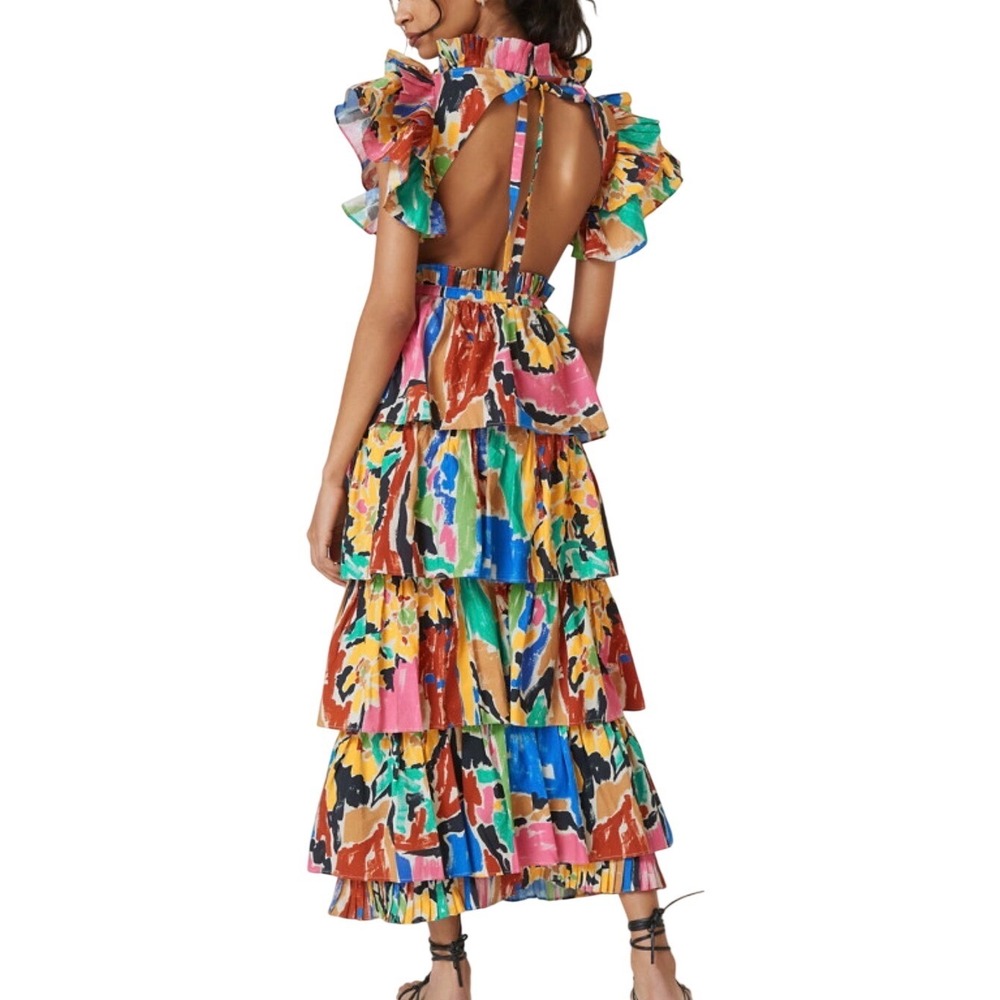 Love The Label Mix-Print Tiered Ruffle Midi Dress Size Large Multicolor Cotton - Picture 2 of 8